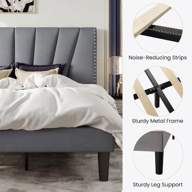 Alt view image 7 of 7 - King Size Bed Frame with Adjustable Upholstered Velvet Rivets Headboard, Sturdy Wooden Slats, Strong Platform Support for Mattress, No Box Spring Needed, Easy Assembly, Grey