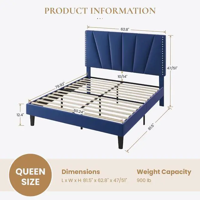 Alt view image 2 of 7 - Queen Size Bed Frame with Adjustable Upholstered Velvet Rivets Headboard, Sturdy Wooden Slats, Strong Platform Support for Mattress, No Box Spring Needed, Easy Assembly, Blue
