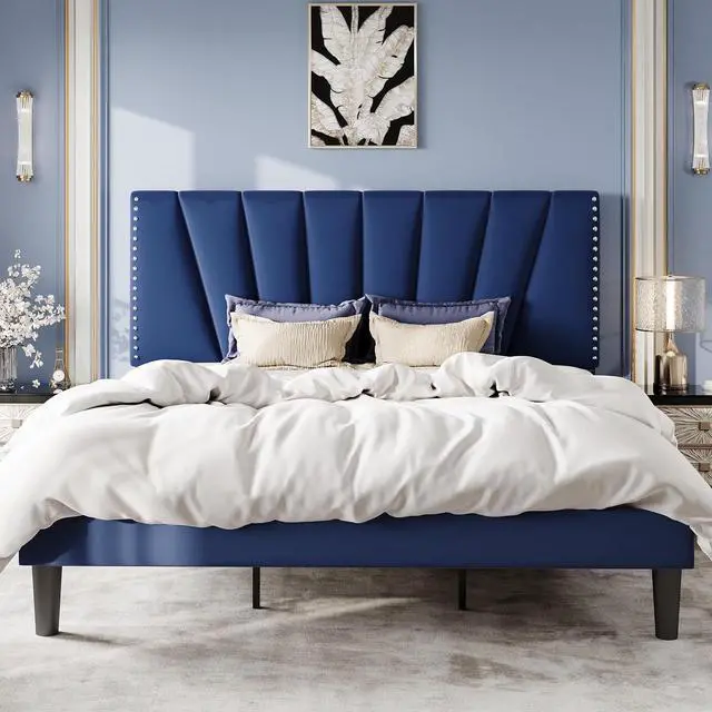 Main image of King Size Bed Frame with Adjustable Upholstered Velvet Rivets Headboard, Sturdy Wooden Slats, Strong Platform Support for Mattress, No Box Spring Needed, Easy Assembly, Blue