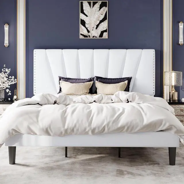 Main image of King Size Bed Frame with Adjustable Upholstered Velvet Rivets Headboard, Sturdy Wooden Slats, Strong Platform Support for Mattress, No Box Spring Needed, Easy Assembly, White