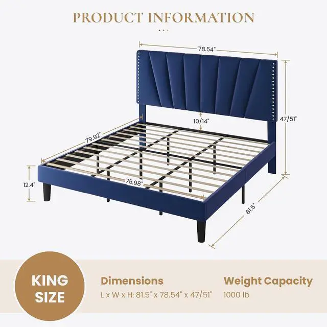 Alt view image 2 of 7 - King Size Bed Frame with Adjustable Upholstered Velvet Rivets Headboard, Sturdy Wooden Slats, Strong Platform Support for Mattress, No Box Spring Needed, Easy Assembly, Blue