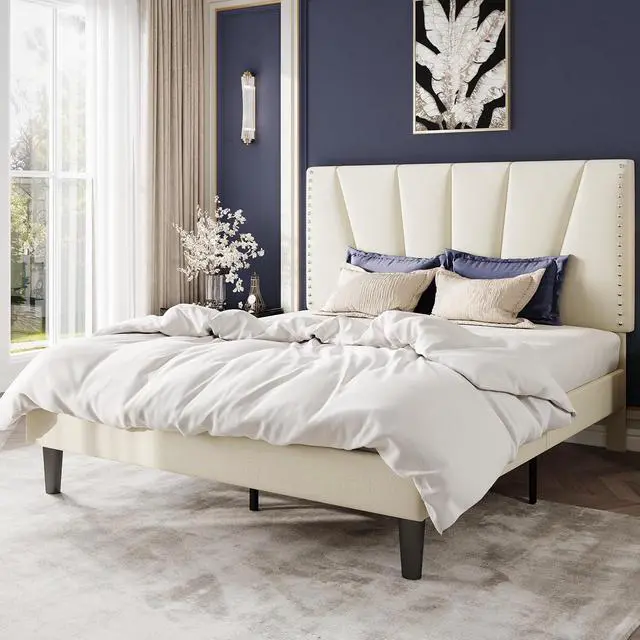 Alt view image 3 of 7 - Full Size Bed Frame with Adjustable Upholstered Velvet Rivets Headboard, Sturdy Wooden Slats, Strong Platform Support for Mattress, No Box Spring Needed, Easy Assembly, Cream