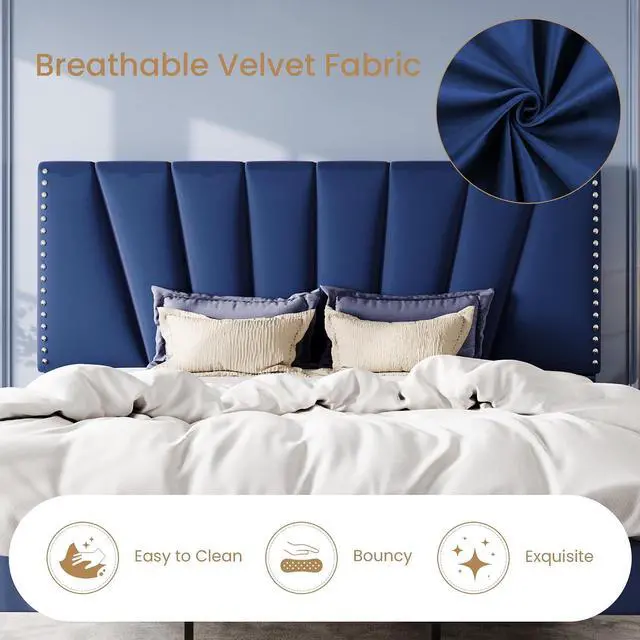Alt view image 5 of 7 - King Size Bed Frame with Adjustable Upholstered Velvet Rivets Headboard, Sturdy Wooden Slats, Strong Platform Support for Mattress, No Box Spring Needed, Easy Assembly, Blue