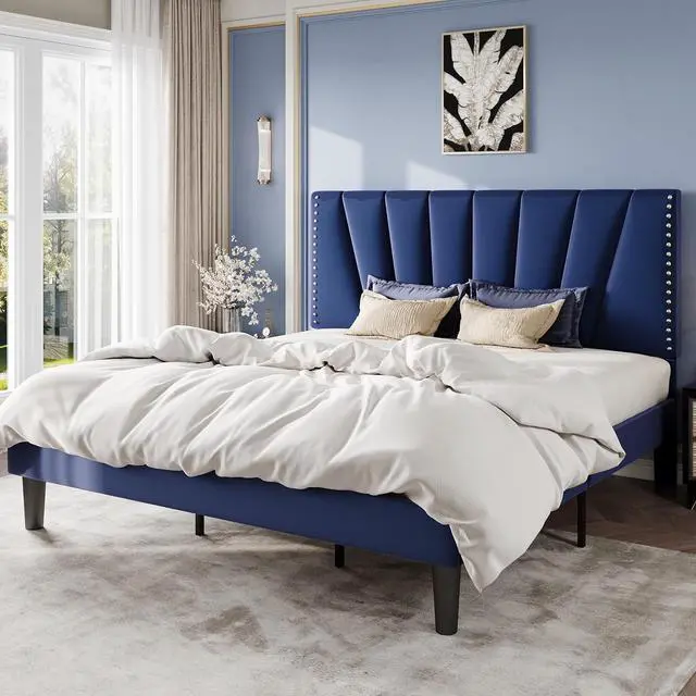 Alt view image 3 of 7 - King Size Bed Frame with Adjustable Upholstered Velvet Rivets Headboard, Sturdy Wooden Slats, Strong Platform Support for Mattress, No Box Spring Needed, Easy Assembly, Blue