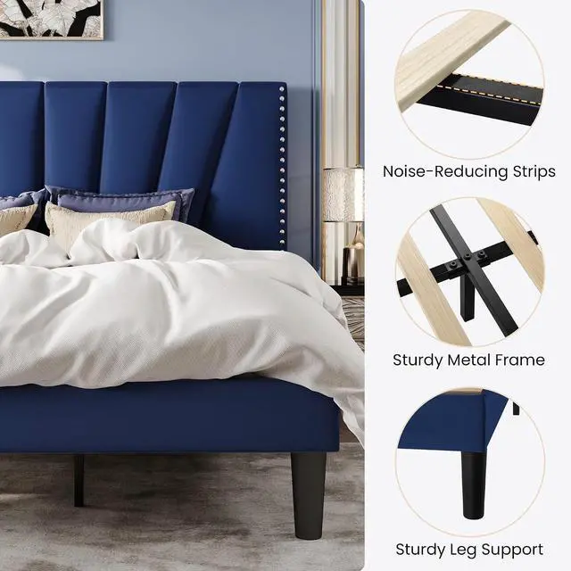 Alt view image 7 of 7 - King Size Bed Frame with Adjustable Upholstered Velvet Rivets Headboard, Sturdy Wooden Slats, Strong Platform Support for Mattress, No Box Spring Needed, Easy Assembly, Blue