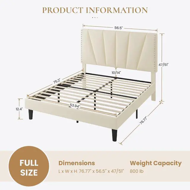 Alt view image 2 of 7 - Full Size Bed Frame with Adjustable Upholstered Velvet Rivets Headboard, Sturdy Wooden Slats, Strong Platform Support for Mattress, No Box Spring Needed, Easy Assembly, Cream