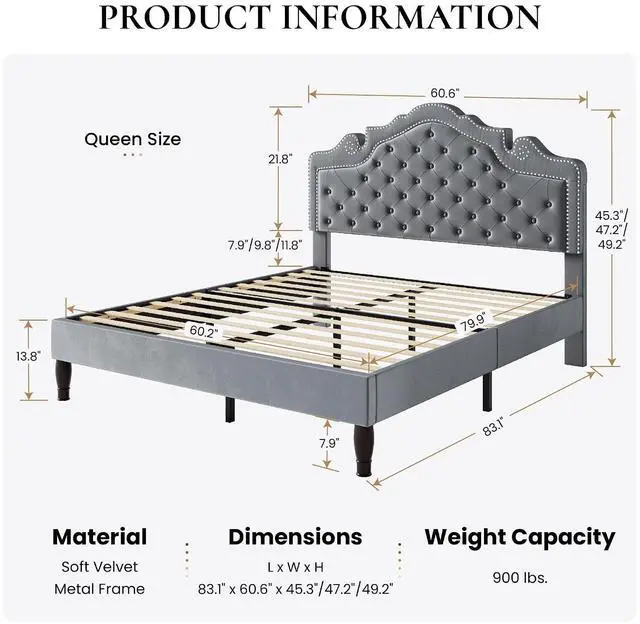 Alt view image 2 of 7 - Queen Bed Frame with Adjustable Headboard/Velvet Upholstered/Diamond Button Tufted and Metal Studs/No Box Spring Needed/Wooden Slat Support/Easy Assembly/Light Grey