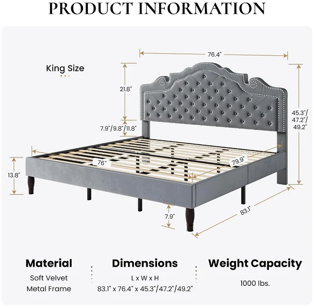 Alt view image 2 of 7 - King Size Platfrom Bed Frame with Adjustable Headboard/Velvet Upholstered Diamond Button Tufted and Metal Studs/No Box Spring Needed/Easy Assembly/Woodenen Slat Support/Light Grey