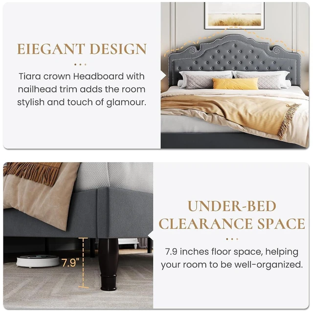 Alt view image 7 of 7 - King Size Platfrom Bed Frame with Adjustable Headboard/Velvet Upholstered Diamond Button Tufted and Metal Studs/No Box Spring Needed/Easy Assembly/Woodenen Slat Support/Light Grey