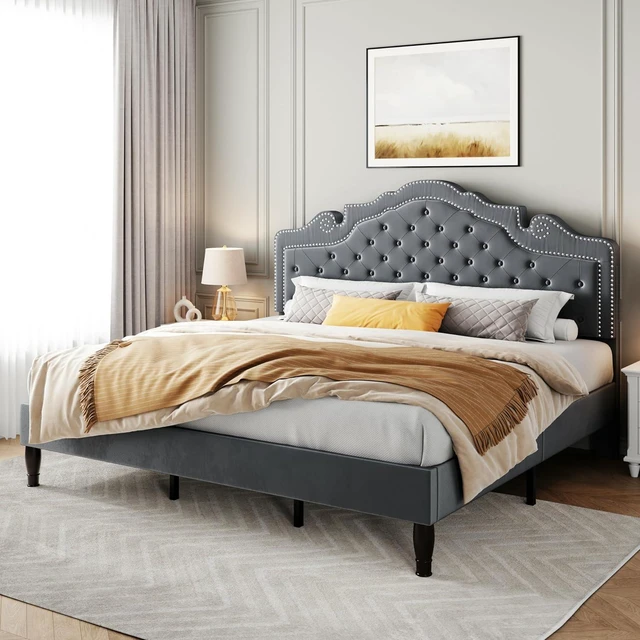 Alt view image 3 of 7 - King Size Platfrom Bed Frame with Adjustable Headboard/Velvet Upholstered Diamond Button Tufted and Metal Studs/No Box Spring Needed/Easy Assembly/Woodenen Slat Support/Light Grey