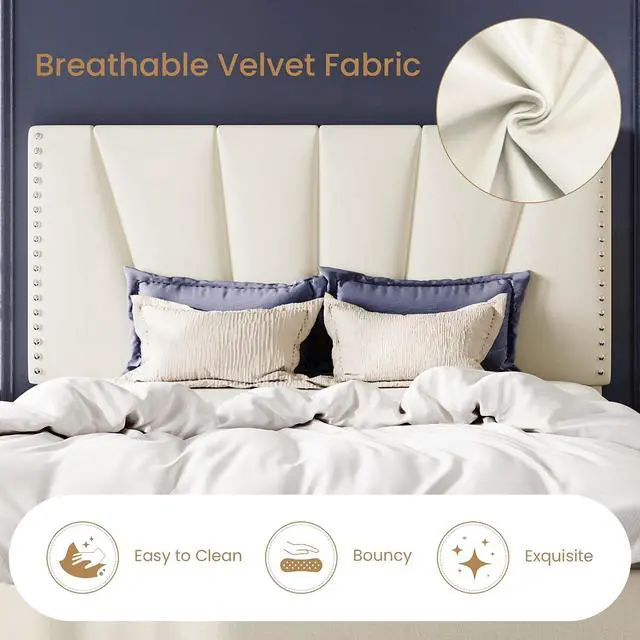 Alt view image 5 of 7 - Full Size Bed Frame with Adjustable Upholstered Velvet Rivets Headboard, Sturdy Wooden Slats, Strong Platform Support for Mattress, No Box Spring Needed, Easy Assembly, Cream