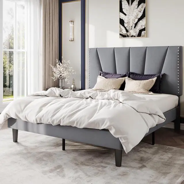 Alt view image 3 of 7 - Queen Size Bed Frame with Adjustable Upholstered Velvet Rivets Headboard, Sturdy Wooden Slats, Strong Platform Support for Mattress, No Box Spring Needed, Easy Assembly, Grey