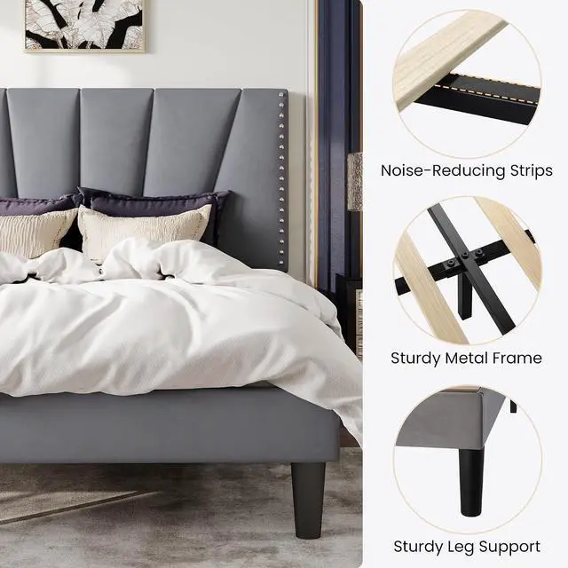 Alt view image 7 of 7 - Queen Size Bed Frame with Adjustable Upholstered Velvet Rivets Headboard, Sturdy Wooden Slats, Strong Platform Support for Mattress, No Box Spring Needed, Easy Assembly, Grey
