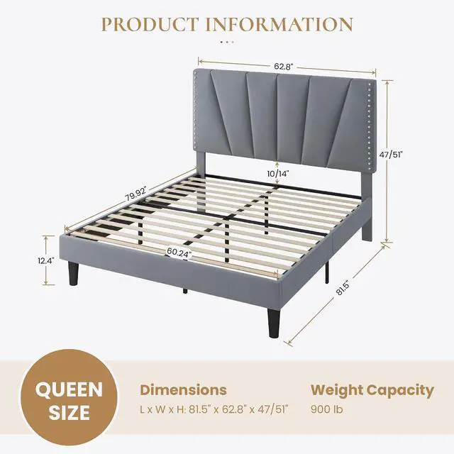 Alt view image 2 of 7 - Queen Size Bed Frame with Adjustable Upholstered Velvet Rivets Headboard, Sturdy Wooden Slats, Strong Platform Support for Mattress, No Box Spring Needed, Easy Assembly, Grey