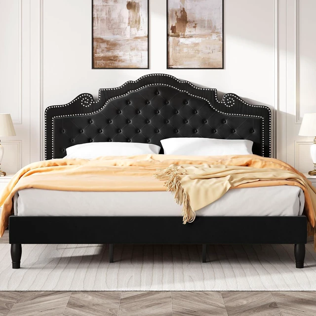 Main image of King Size Platfrom Bed Frame with Adjustable Headboard/Velvet Upholstered Diamond Button Tufted and Metal Studs/No Box Spring Needed/Easy Assembly/Wooden Slat Support/Black