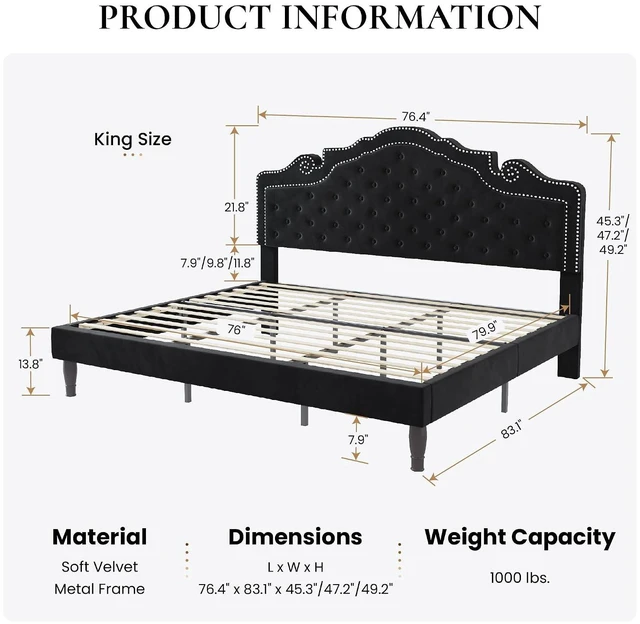 Alt view image 2 of 7 - King Size Platfrom Bed Frame with Adjustable Headboard/Velvet Upholstered Diamond Button Tufted and Metal Studs/No Box Spring Needed/Easy Assembly/Wooden Slat Support/Black
