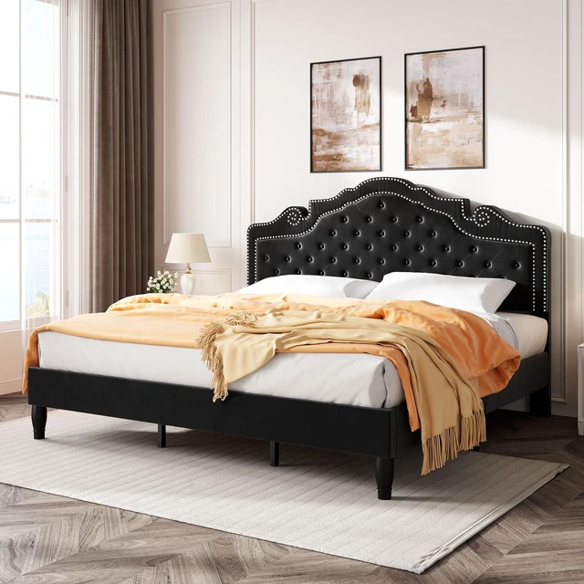 Alt view image 3 of 7 - King Size Platfrom Bed Frame with Adjustable Headboard/Velvet Upholstered Diamond Button Tufted and Metal Studs/No Box Spring Needed/Easy Assembly/Wooden Slat Support/Black