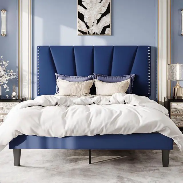 Main image of Queen Size Bed Frame with Adjustable Upholstered Velvet Rivets Headboard, Sturdy Wooden Slats, Strong Platform Support for Mattress, No Box Spring Needed, Easy Assembly, Blue