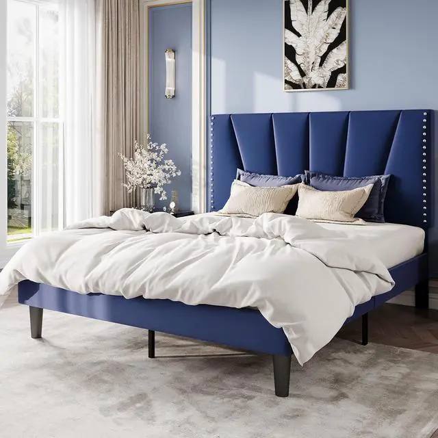 Alt view image 3 of 7 - Queen Size Bed Frame with Adjustable Upholstered Velvet Rivets Headboard, Sturdy Wooden Slats, Strong Platform Support for Mattress, No Box Spring Needed, Easy Assembly, Blue
