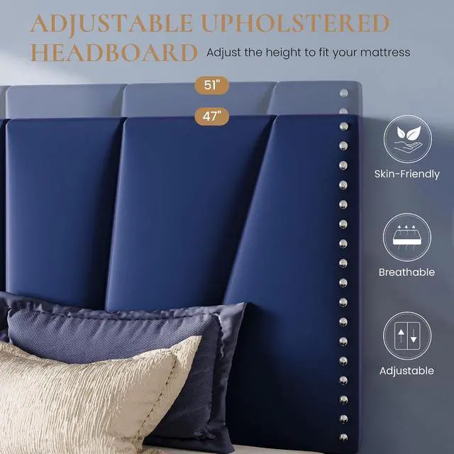 Alt view image 4 of 7 - King Size Bed Frame with Adjustable Upholstered Velvet Rivets Headboard, Sturdy Wooden Slats, Strong Platform Support for Mattress, No Box Spring Needed, Easy Assembly, Blue