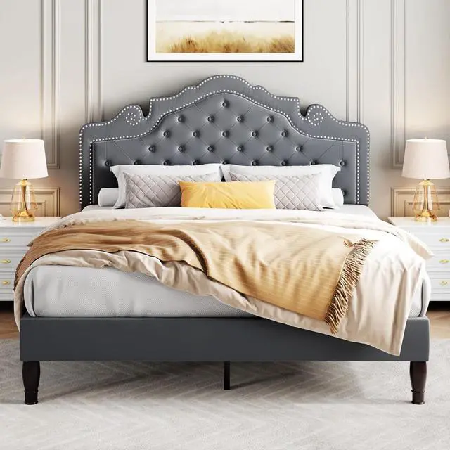 Main image of Queen Bed Frame with Adjustable Headboard/Velvet Upholstered/Diamond Button Tufted and Metal Studs/No Box Spring Needed/Wooden Slat Support/Easy Assembly/Light Grey