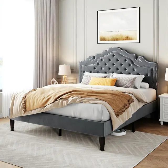Alt view image 3 of 7 - Queen Bed Frame with Adjustable Headboard/Velvet Upholstered/Diamond Button Tufted and Metal Studs/No Box Spring Needed/Wooden Slat Support/Easy Assembly/Light Grey