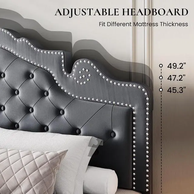 Alt view image 4 of 7 - Queen Bed Frame with Adjustable Headboard/Velvet Upholstered/Diamond Button Tufted and Metal Studs/No Box Spring Needed/Wooden Slat Support/Easy Assembly/Light Grey