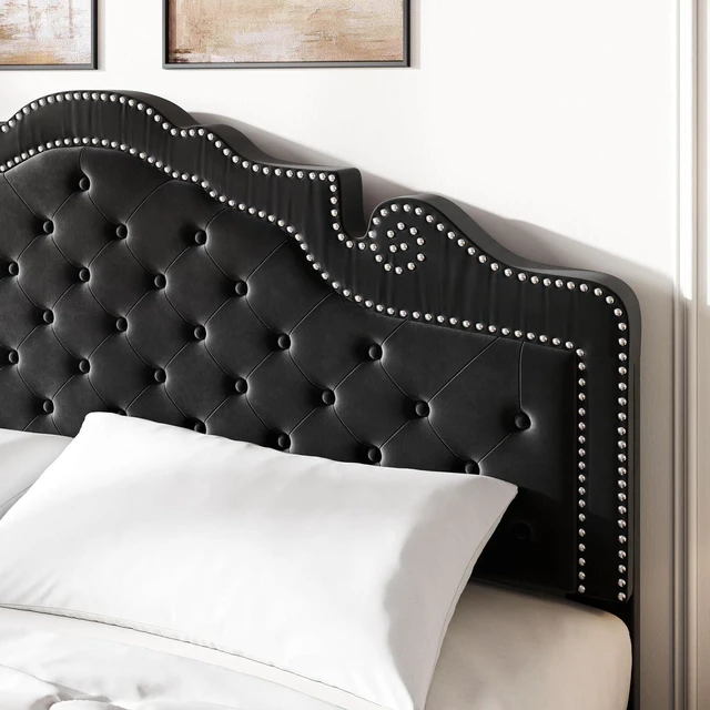 Alt view image 4 of 7 - King Size Platfrom Bed Frame with Adjustable Headboard/Velvet Upholstered Diamond Button Tufted and Metal Studs/No Box Spring Needed/Easy Assembly/Wooden Slat Support/Black