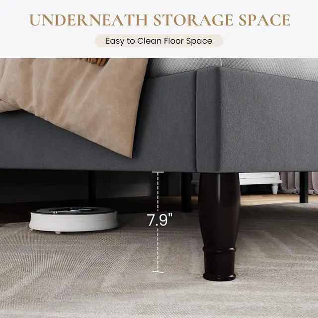 Alt view image 5 of 7 - Queen Bed Frame with Adjustable Headboard/Velvet Upholstered/Diamond Button Tufted and Metal Studs/No Box Spring Needed/Wooden Slat Support/Easy Assembly/Light Grey