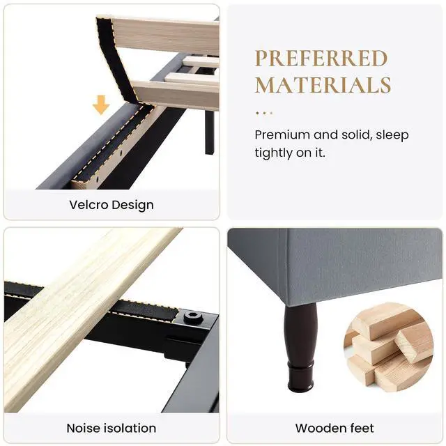 Alt view image 6 of 7 - Queen Bed Frame with Adjustable Headboard/Velvet Upholstered/Diamond Button Tufted and Metal Studs/No Box Spring Needed/Wooden Slat Support/Easy Assembly/Light Grey