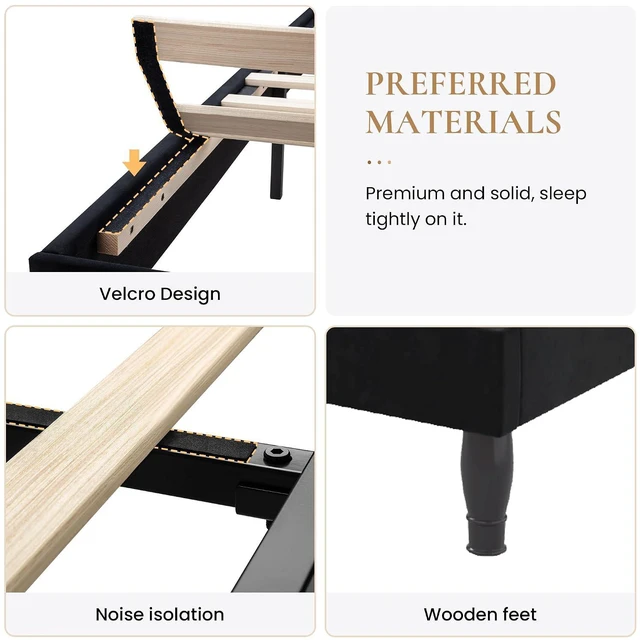 Alt view image 7 of 7 - King Size Platfrom Bed Frame with Adjustable Headboard/Velvet Upholstered Diamond Button Tufted and Metal Studs/No Box Spring Needed/Easy Assembly/Wooden Slat Support/Black