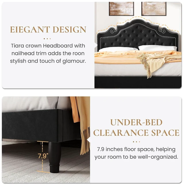 Alt view image 6 of 7 - King Size Platfrom Bed Frame with Adjustable Headboard/Velvet Upholstered Diamond Button Tufted and Metal Studs/No Box Spring Needed/Easy Assembly/Wooden Slat Support/Black