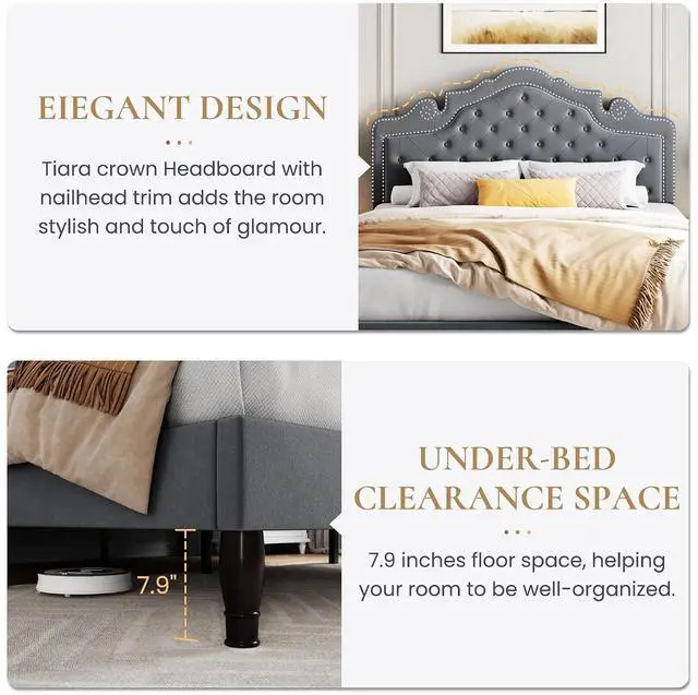 Alt view image 7 of 7 - Queen Bed Frame with Adjustable Headboard/Velvet Upholstered/Diamond Button Tufted and Metal Studs/No Box Spring Needed/Wooden Slat Support/Easy Assembly/Light Grey