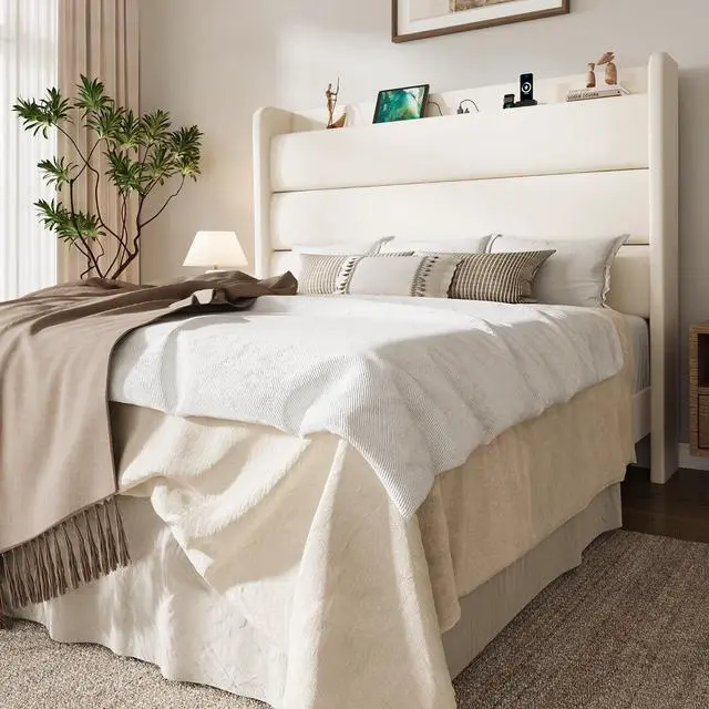 Main image of Queen Bed Frame with Charging Station, Velvet Upholstered Platform Bed, Wingback Storage Headboard, Type-C & USB Ports, Strong Wooden Slats, No Box Spring Needed, Easy Assembly, Cream