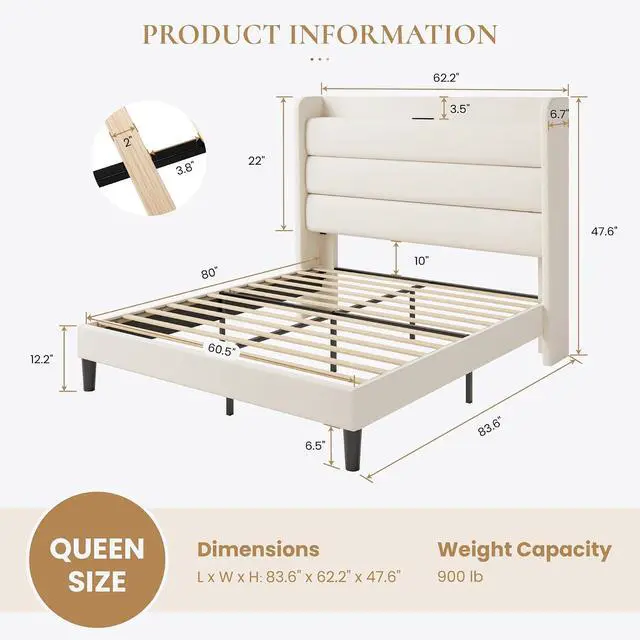 Alt view image 2 of 7 - Queen Bed Frame with Charging Station, Velvet Upholstered Platform Bed, Wingback Storage Headboard, Type-C & USB Ports, Strong Wooden Slats, No Box Spring Needed, Easy Assembly, Cream