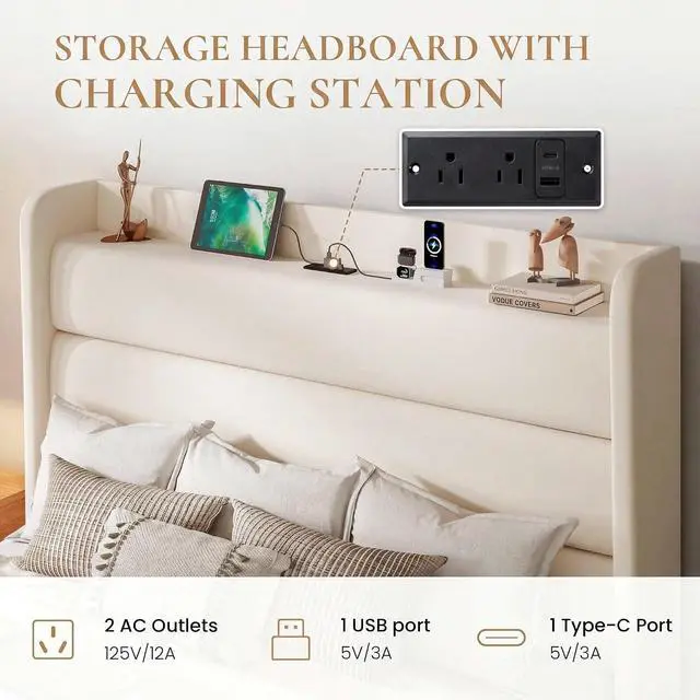 Alt view image 5 of 7 - Queen Bed Frame with Charging Station, Velvet Upholstered Platform Bed, Wingback Storage Headboard, Type-C & USB Ports, Strong Wooden Slats, No Box Spring Needed, Easy Assembly, Cream