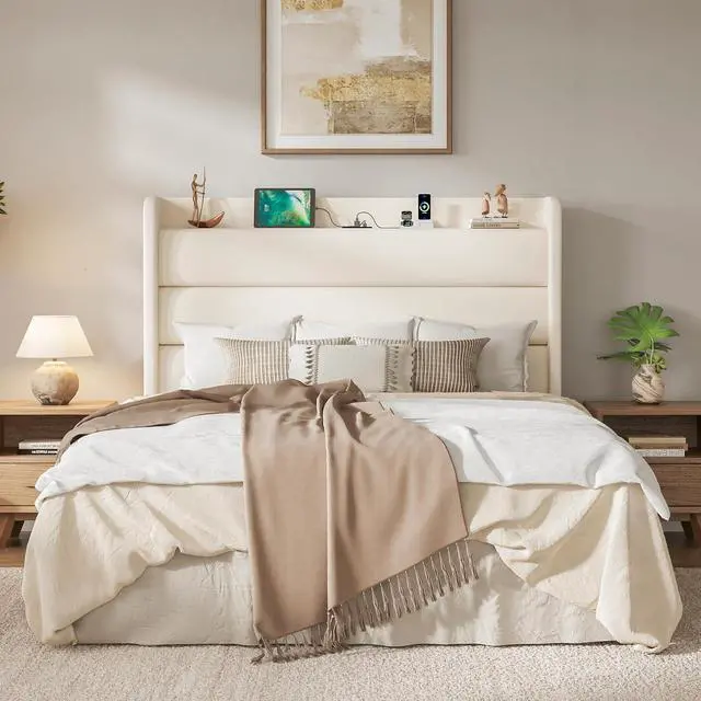 Alt view image 4 of 7 - Queen Bed Frame with Charging Station, Velvet Upholstered Platform Bed, Wingback Storage Headboard, Type-C & USB Ports, Strong Wooden Slats, No Box Spring Needed, Easy Assembly, Cream