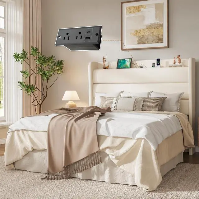 Alt view image 3 of 7 - Queen Bed Frame with Charging Station, Velvet Upholstered Platform Bed, Wingback Storage Headboard, Type-C & USB Ports, Strong Wooden Slats, No Box Spring Needed, Easy Assembly, Cream