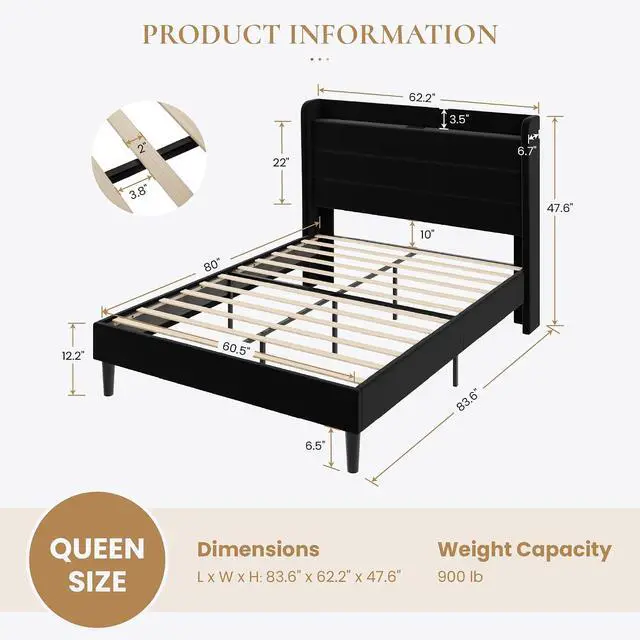 Alt view image 2 of 7 - Queen Bed Frame with Charging Station, Velvet Upholstered Platform Bed, Wingback Storage Headboard, Type-C & USB Ports, Strong Wooden Slats, No Box Spring Needed, Easy Assembly, Black