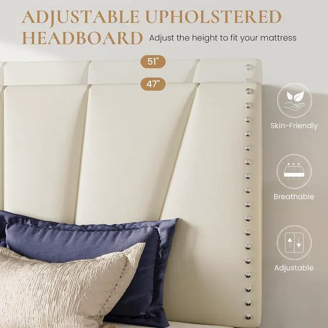 Alt view image 4 of 7 - Full Size Bed Frame with Adjustable Upholstered Velvet Rivets Headboard, Sturdy Wooden Slats, Strong Platform Support for Mattress, No Box Spring Needed, Easy Assembly, Cream