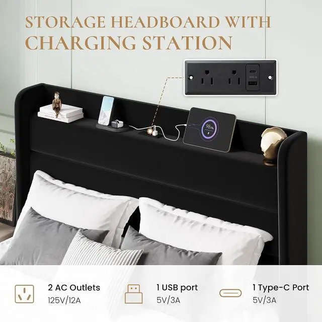 Alt view image 5 of 7 - Queen Bed Frame with Charging Station, Velvet Upholstered Platform Bed, Wingback Storage Headboard, Type-C & USB Ports, Strong Wooden Slats, No Box Spring Needed, Easy Assembly, Black