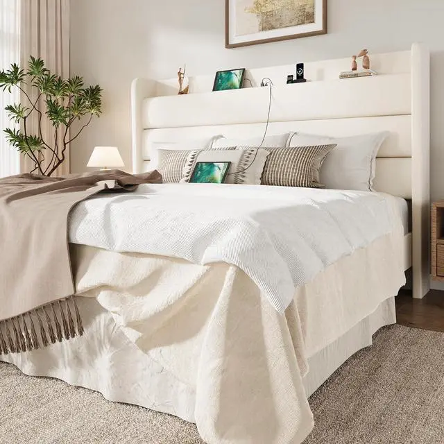Main image of King Size Bed Frame with Charging Station, Velvet Upholstered Platform Bed, Wingback Storage Headboard, Type-C & USB Ports, Strong Wooden Slats, No Box Spring Needed, Easy Assembly, Cream