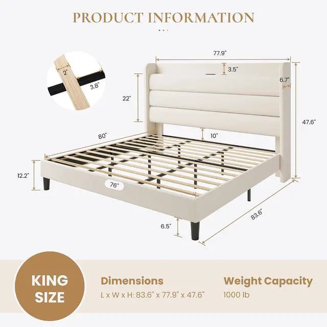 Alt view image 2 of 7 - King Size Bed Frame with Charging Station, Velvet Upholstered Platform Bed, Wingback Storage Headboard, Type-C & USB Ports, Strong Wooden Slats, No Box Spring Needed, Easy Assembly, Cream