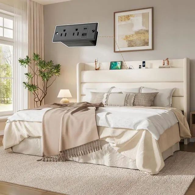 Alt view image 3 of 7 - King Size Bed Frame with Charging Station, Velvet Upholstered Platform Bed, Wingback Storage Headboard, Type-C & USB Ports, Strong Wooden Slats, No Box Spring Needed, Easy Assembly, Cream