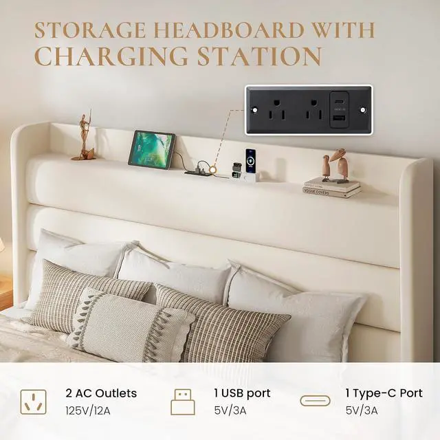 Alt view image 5 of 7 - King Size Bed Frame with Charging Station, Velvet Upholstered Platform Bed, Wingback Storage Headboard, Type-C & USB Ports, Strong Wooden Slats, No Box Spring Needed, Easy Assembly, Cream