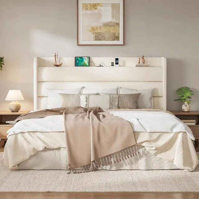 Alt view image 4 of 7 - King Size Bed Frame with Charging Station, Velvet Upholstered Platform Bed, Wingback Storage Headboard, Type-C & USB Ports, Strong Wooden Slats, No Box Spring Needed, Easy Assembly, Cream