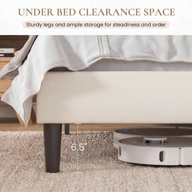 Alt view image 6 of 7 - Queen Bed Frame with Charging Station, Velvet Upholstered Platform Bed, Wingback Storage Headboard, Type-C & USB Ports, Strong Wooden Slats, No Box Spring Needed, Easy Assembly, Cream