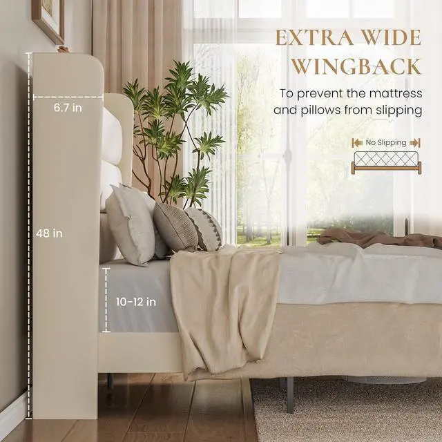 Alt view image 7 of 7 - Queen Bed Frame with Charging Station, Velvet Upholstered Platform Bed, Wingback Storage Headboard, Type-C & USB Ports, Strong Wooden Slats, No Box Spring Needed, Easy Assembly, Cream