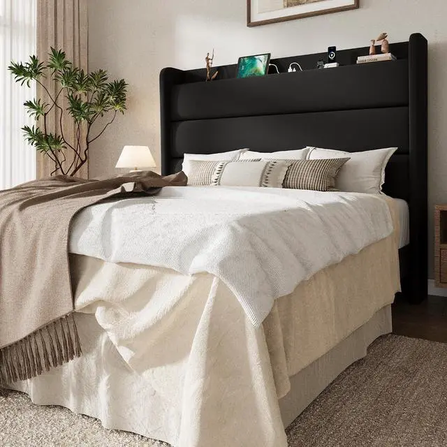 Main image of Queen Bed Frame with Charging Station, Velvet Upholstered Platform Bed, Wingback Storage Headboard, Type-C & USB Ports, Strong Wooden Slats, No Box Spring Needed, Easy Assembly, Black