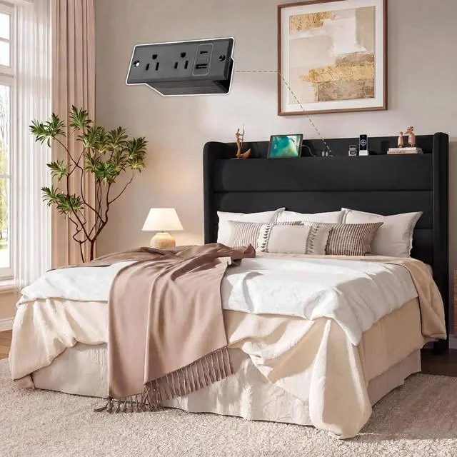 Alt view image 3 of 7 - Queen Bed Frame with Charging Station, Velvet Upholstered Platform Bed, Wingback Storage Headboard, Type-C & USB Ports, Strong Wooden Slats, No Box Spring Needed, Easy Assembly, Black